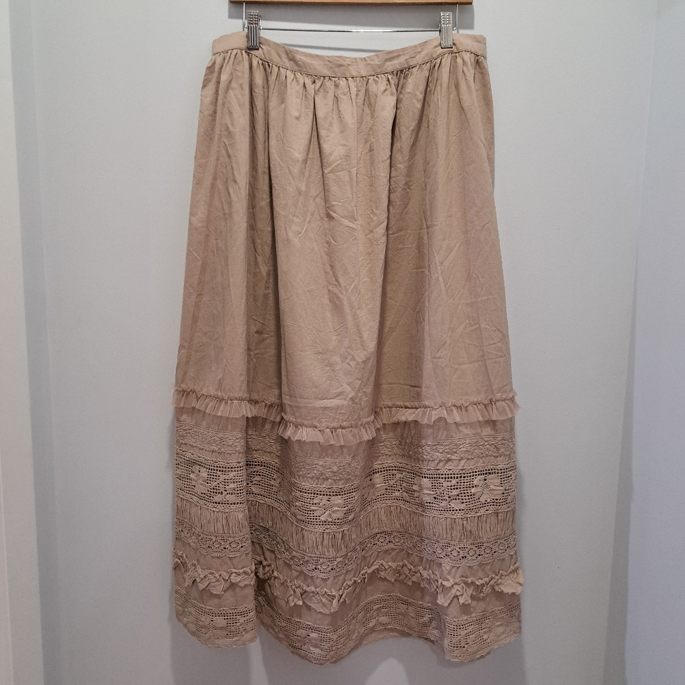 Beige Lace Crochet Maxi Midi Romantic Cottage Coquette Fairycore Skirt Womens L